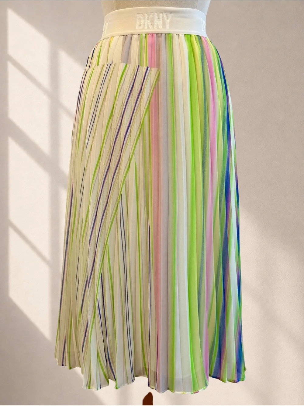 DKNY Scissor Pleated Pastel Stripe Midi Skirt L Y2K Resort Art Print